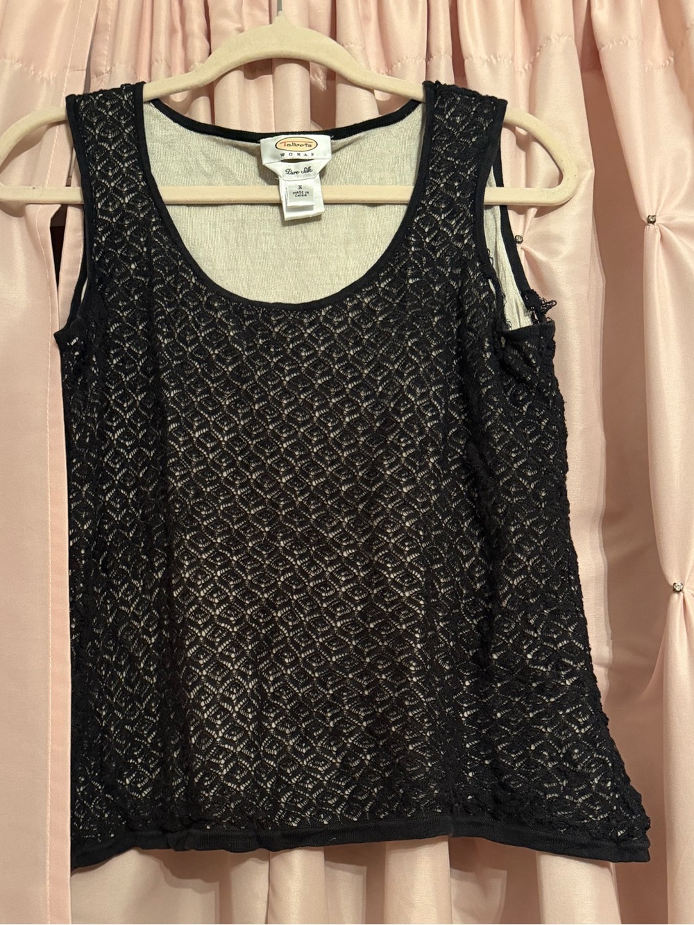 Talbots 100% pure silk top blouse sleeveless black cream knit lace L large